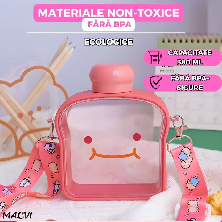 Sticla de Apa pentru Copii Macvi® Forma Toast, 380 ml, Fara BPA, Anti-Scurgere, Capac Etans, Curea Reglabila de Transport, Usor de Curatat, Roz - imagine 2