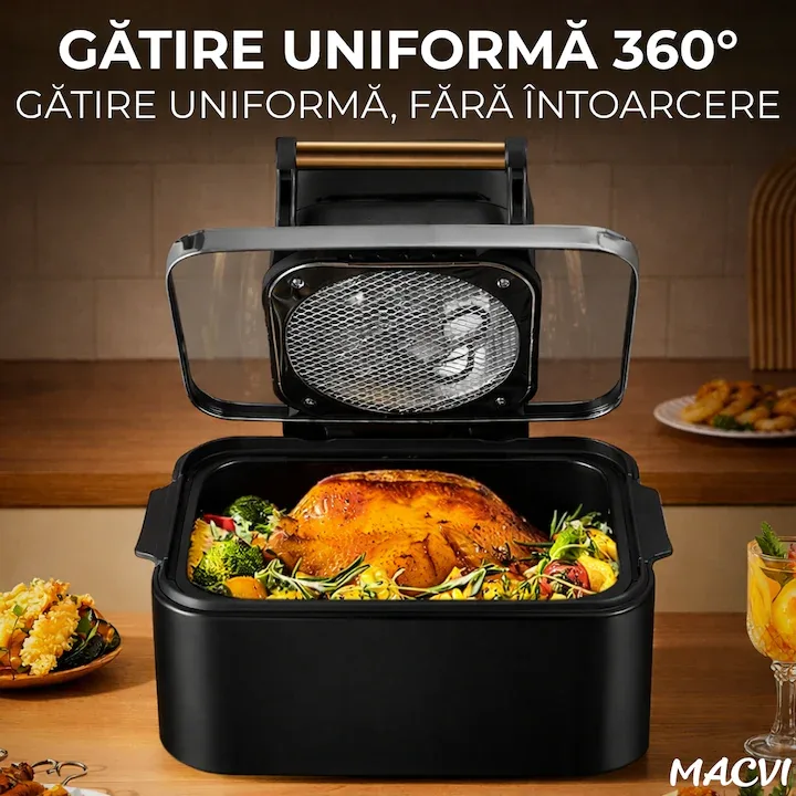 Friteuza cu aer cald digitala 3 in 1 Macvi® fara ulei 12 L 1700W control touch 11 programe LED negru auriu - imagine 5