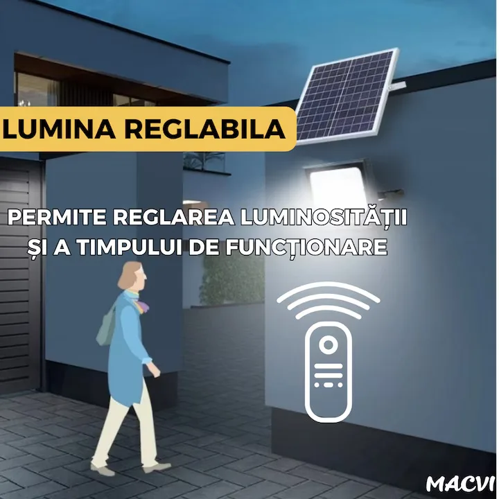 Lampa Solara si panou separat Macvi®, 200W, 130 LED COB, IP67, Telecomanda, Iluminare 10 Ore, Instalare Fara Intretinere - imagine 5