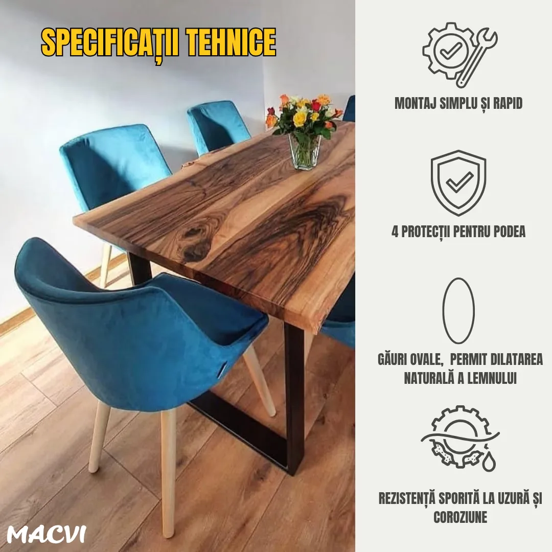 Set 2 Picioare Masa Macvi®, Profil Lat 80 mm, Metal Negru Mat, Vopsire in Camp Electrostatic, Dimensiuni 72x60x8 cm, Design Industrial Modern - imagine 4