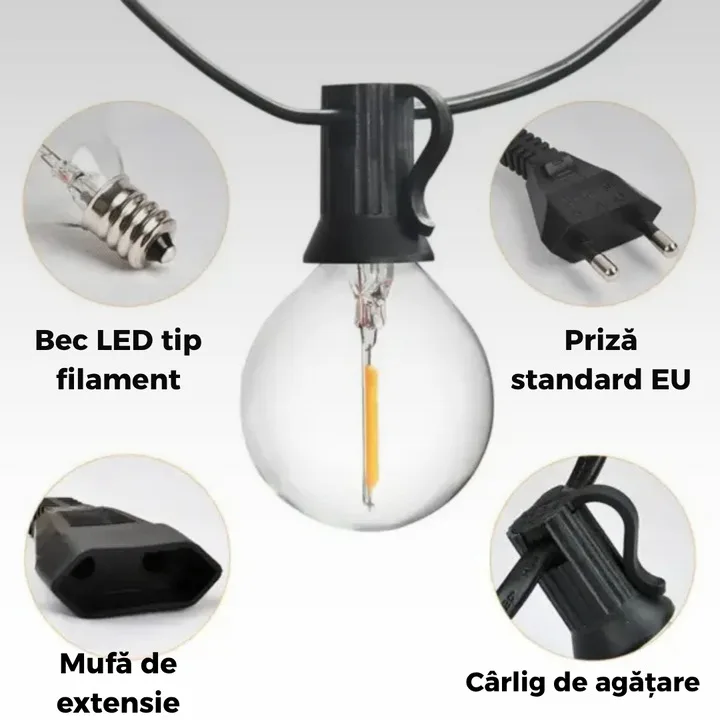 Ghirlanda luminoasa Macvi® led 8 metri cu 25 becuri G40 interconectabila rezistenta la exterior cu bec de rezerva inclus - imagine 5