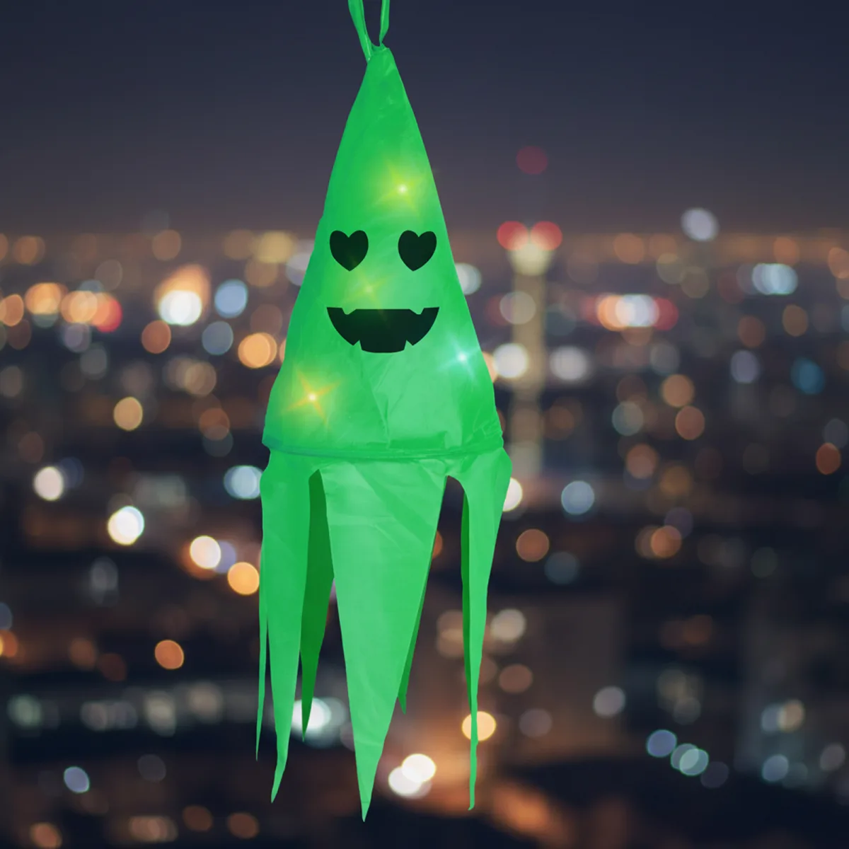 Decor Halloween iluminat, fantoma verde, 10 LED-uri colorate, de agatat, 75x20 cm, pe baterii