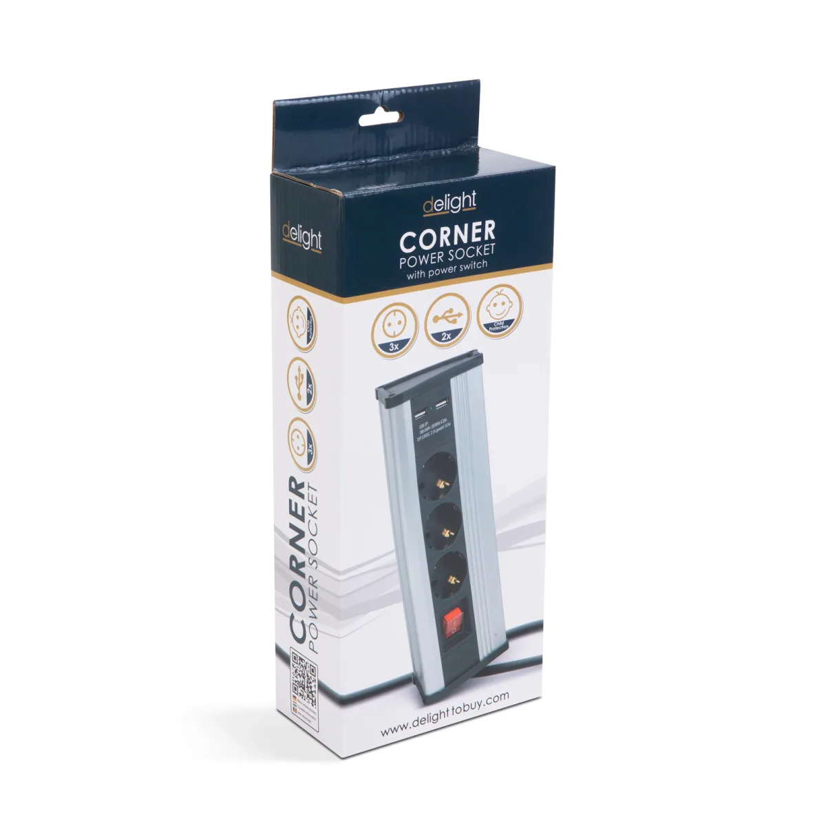 Prelungitor colt 3 prize 16A 250V, 2 USB 2.1A, intrerupator, cablu 1.5m, aluminiu - imagine 2