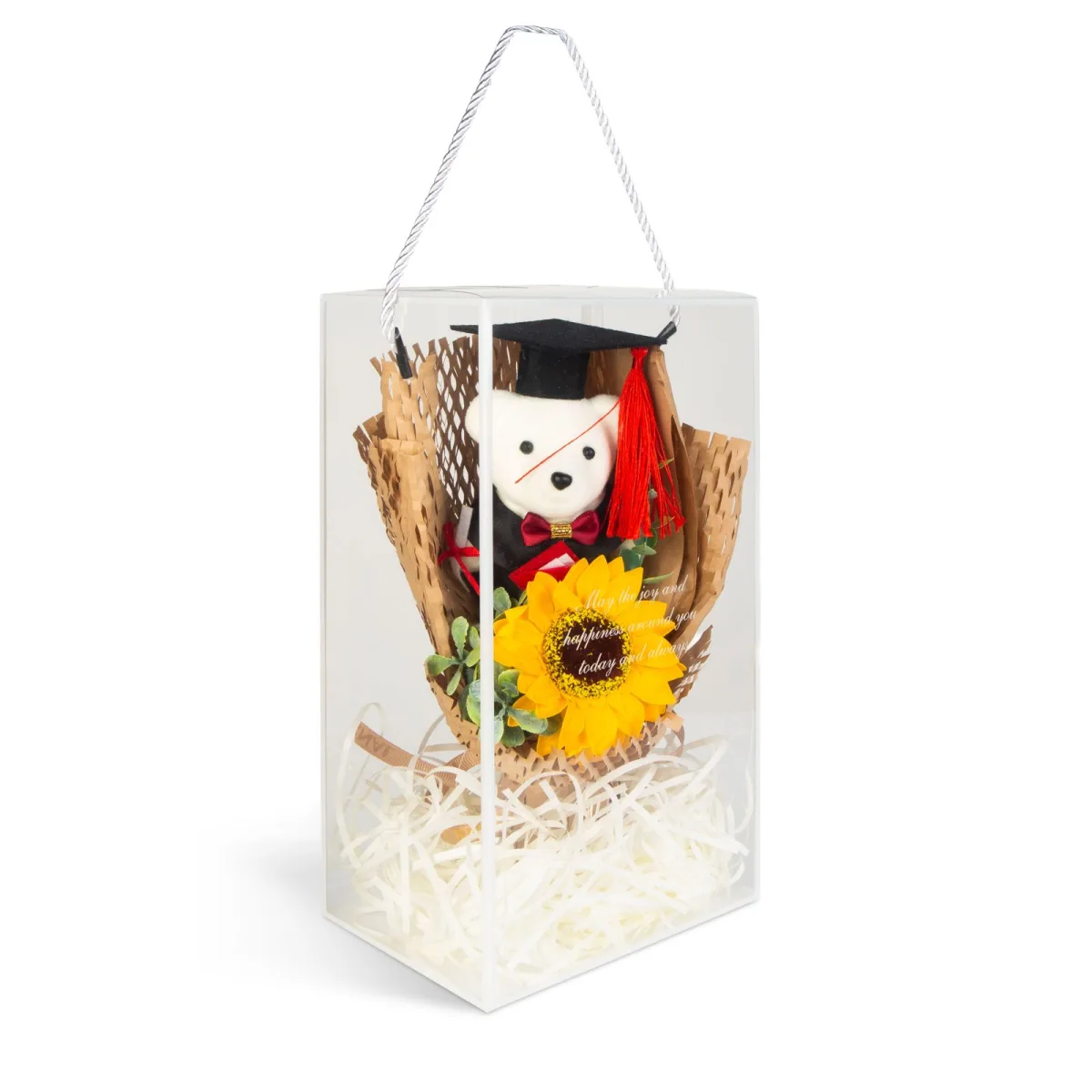 Cadou Absolvire cu Ursule Graduation si Floare de Floarea-Soarelui in Cutie Transparenta, 26 × 10,5 × 14 cm, Decorațiune Gift Box - imagine 2