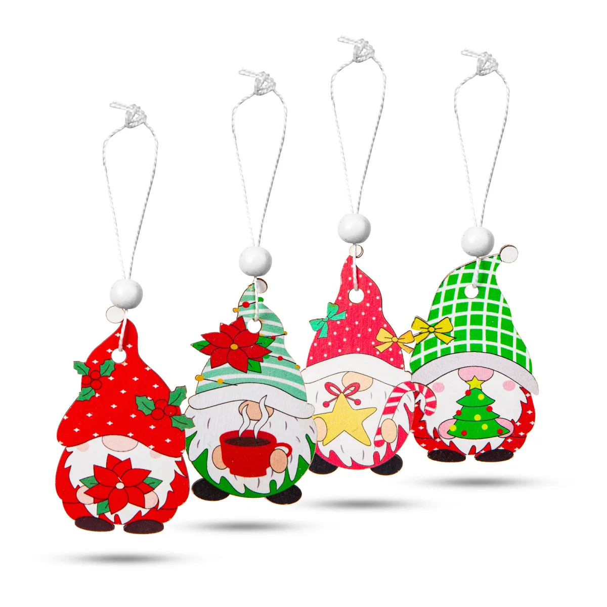 Set decoratiuni brad lemn elf 12 buc, figurine agatatoare, 4 modele, stil scandinav alb - imagine 2