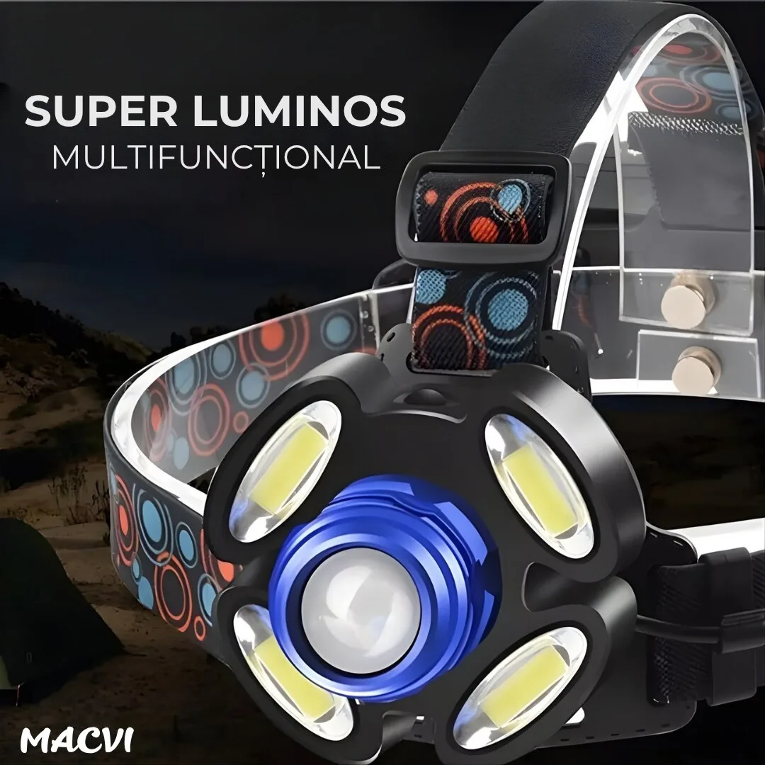 Lanterna frontala de cap Macvi® cu 5 LED-uri, iluminare puternica, banda elastica reglabila pentru confort maxim, ideala pentru drumetii si activitati afara - imagine 2