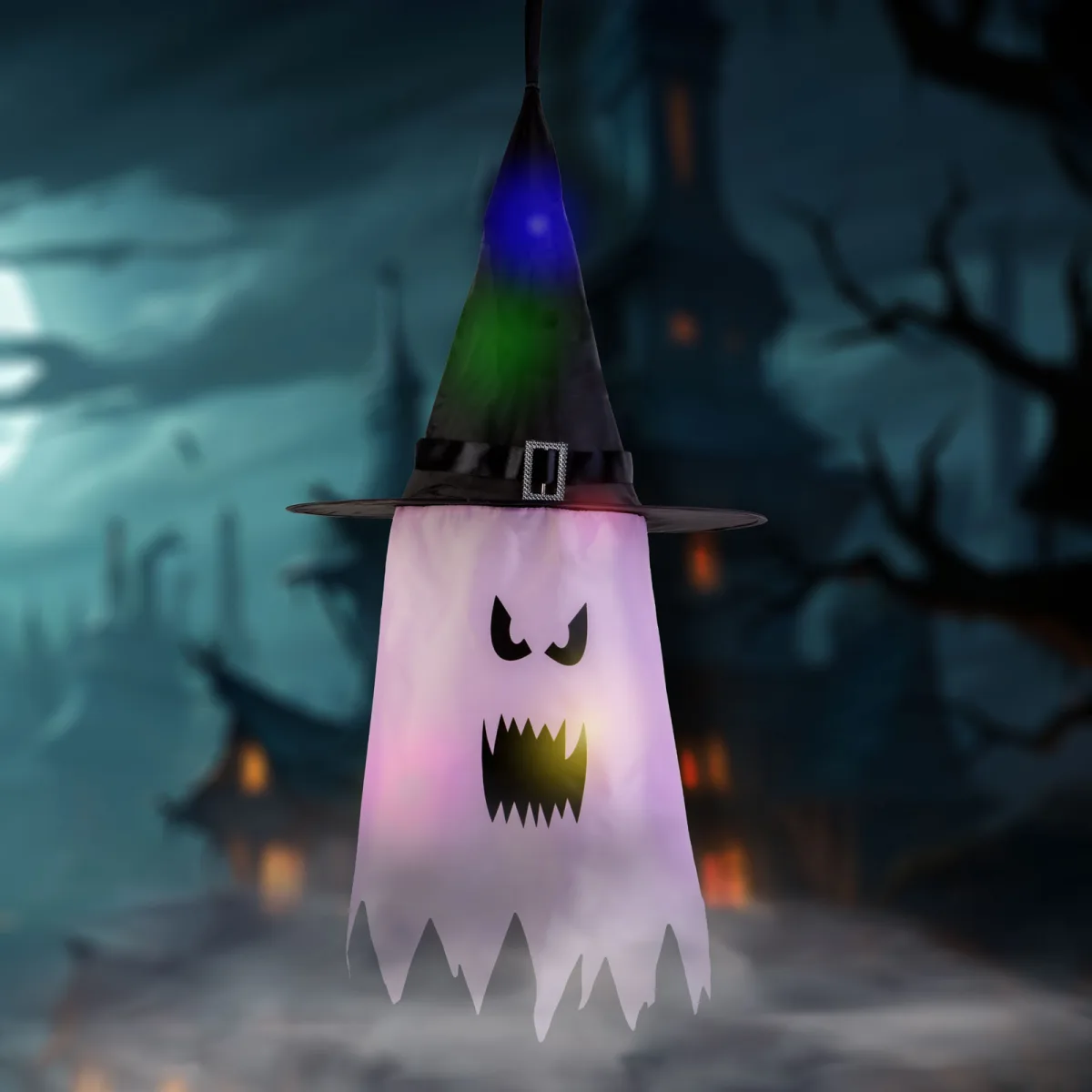 Decor LED Halloween, fantoma, roz, 10 LED-uri, agatat, 75x35 cm, baterie, RGB
