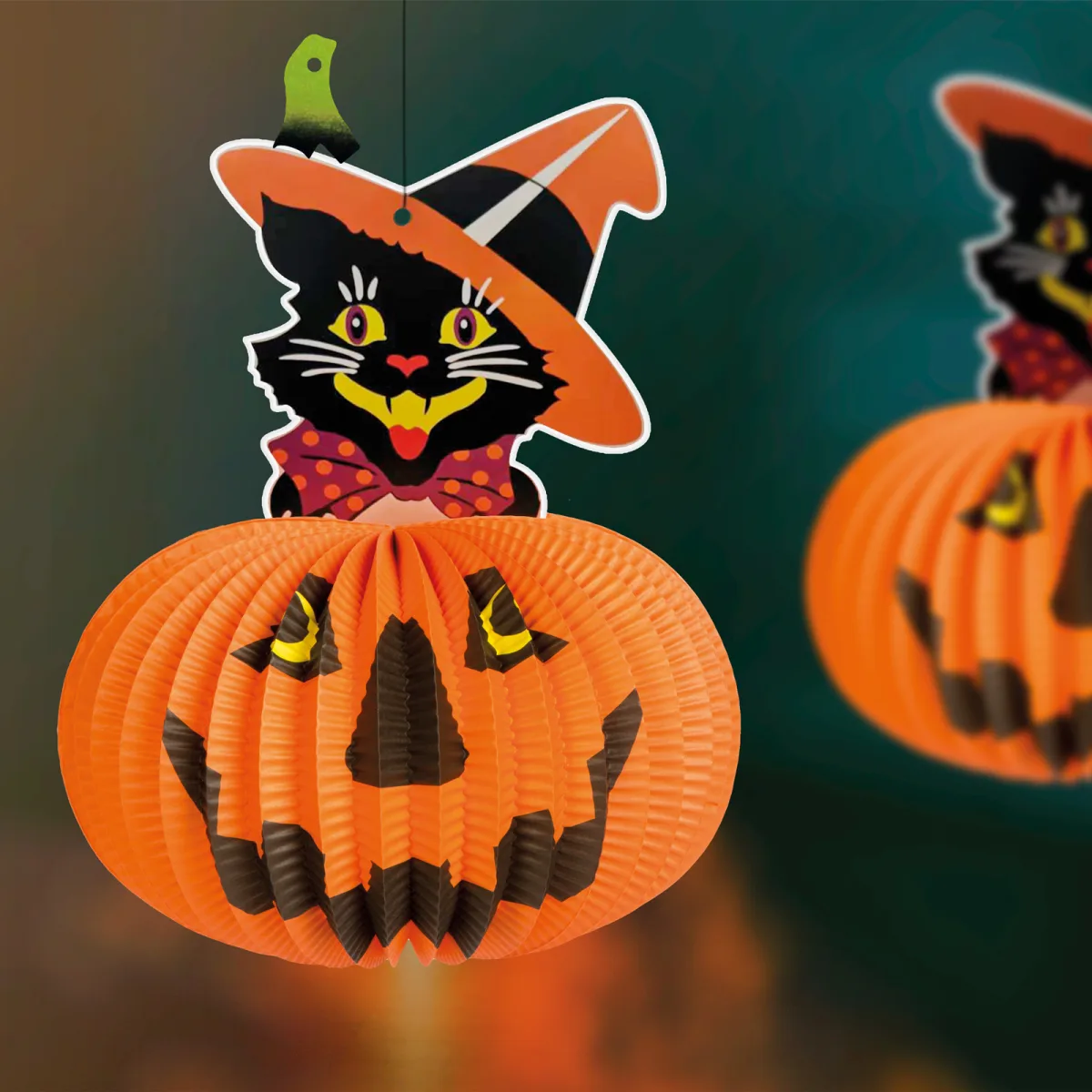 Lanterna Halloween dovleac cu pisica, 26 cm - imagine 2