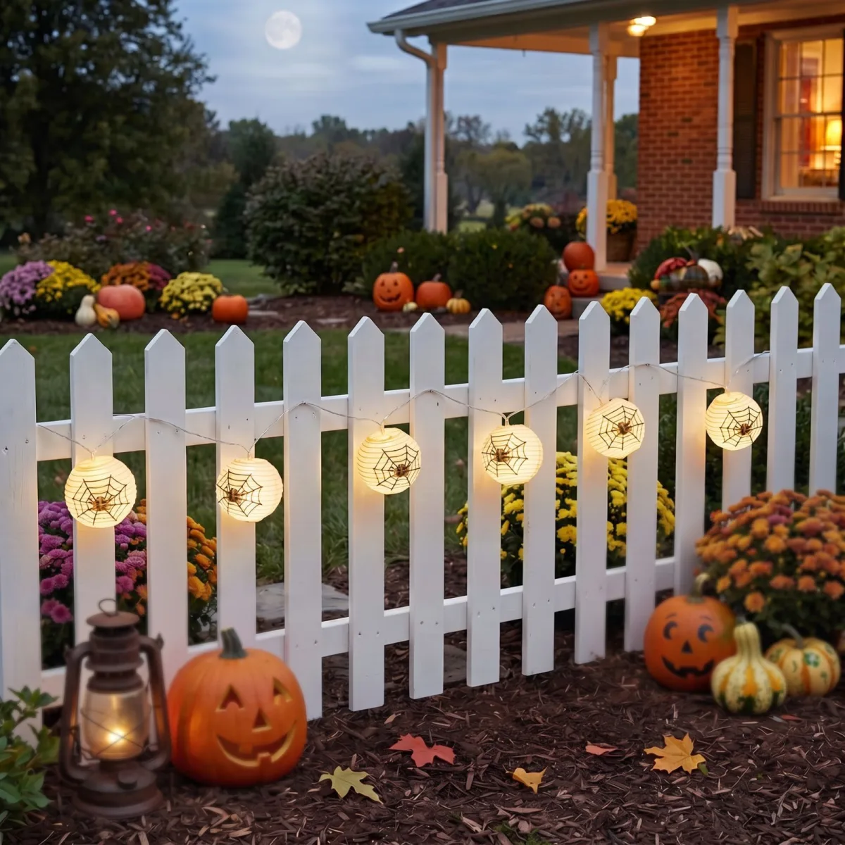 Instalatie luminoasa Halloween, 1.65m cu 10 LED alb cald, lampioane cu panza de paianjen
