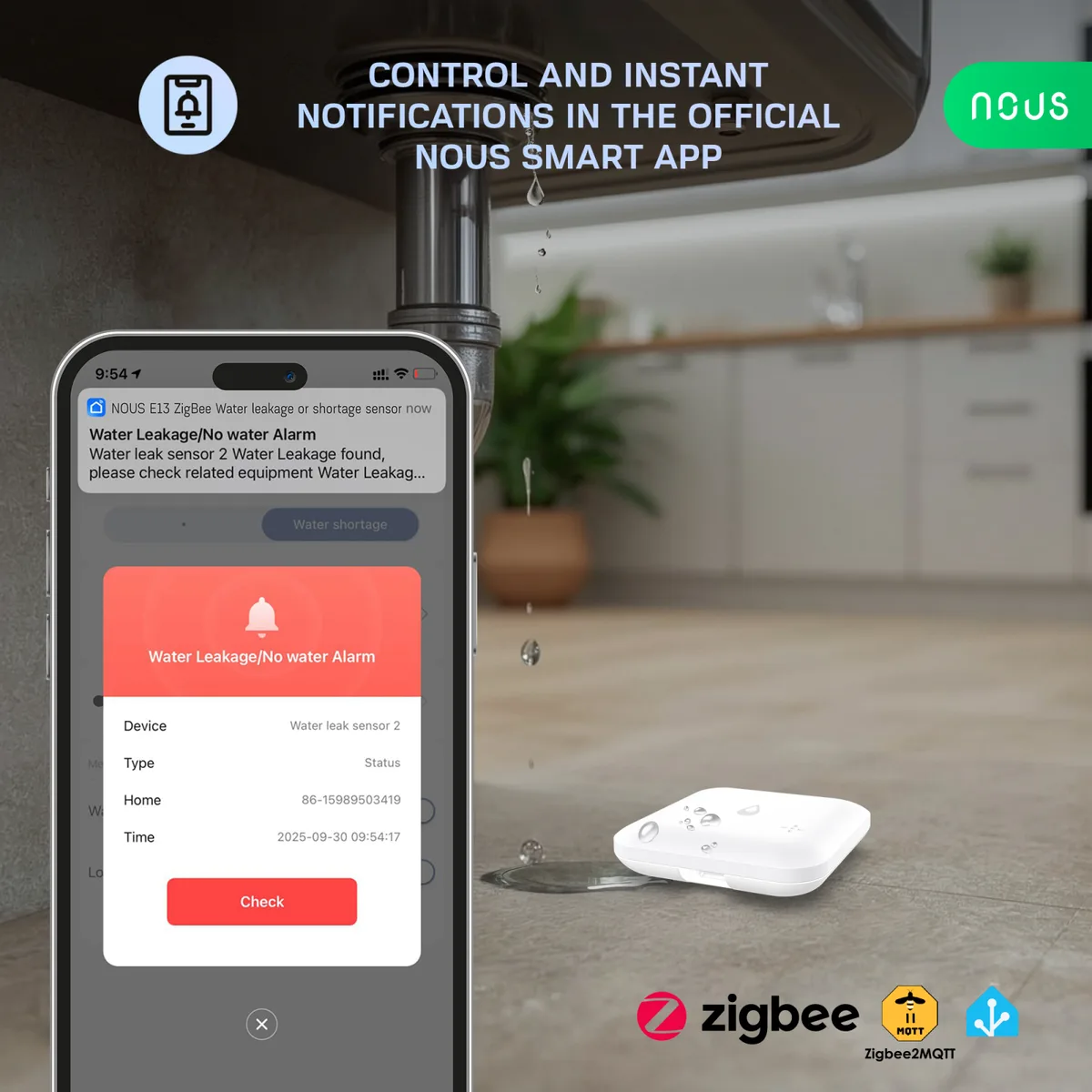 Senzor smart NOUS E13, Zigbee 3.0, detectie scurgeri si lipsa apa, alarma locala, notificari mobile, IP66, alimentare baterii - imagine 4