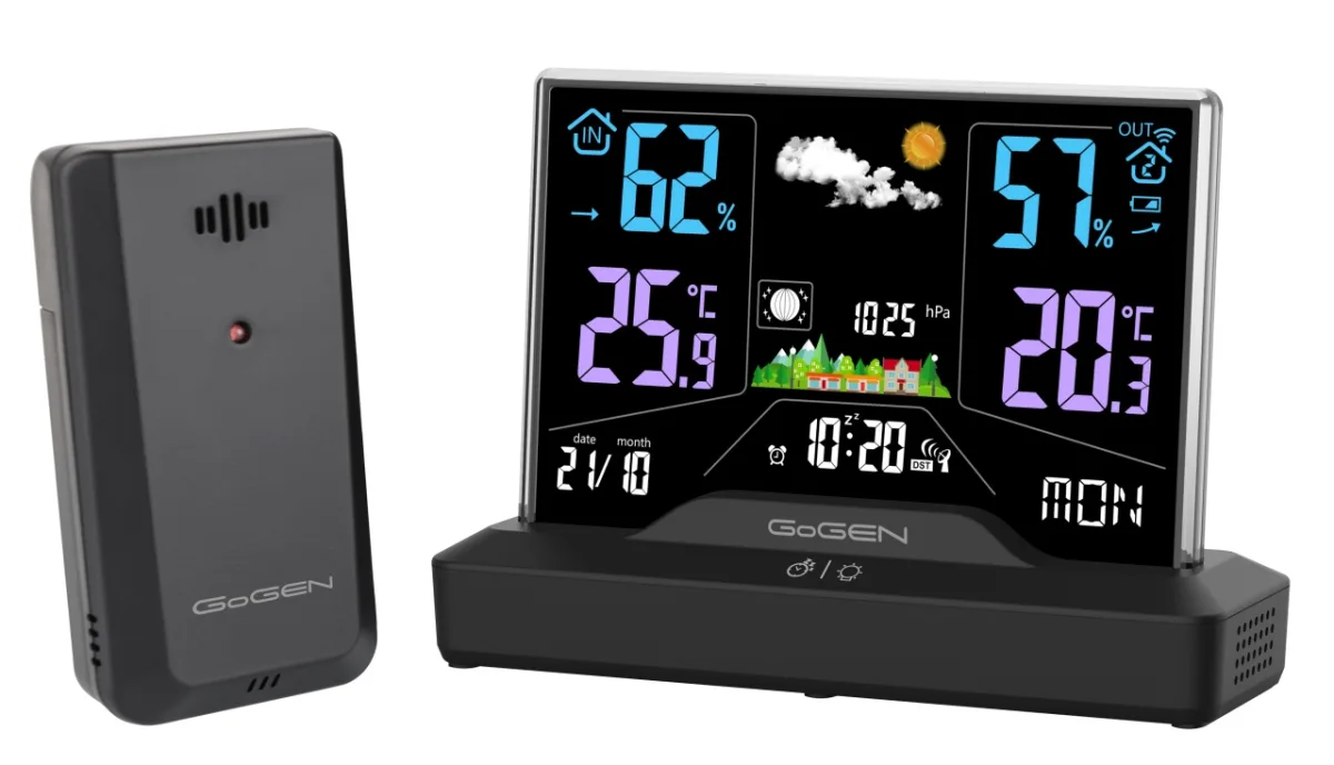Statie meteo interior-exterior GoGEN ME2000, prognoza animata, LCD color, senzor temperatura, negru