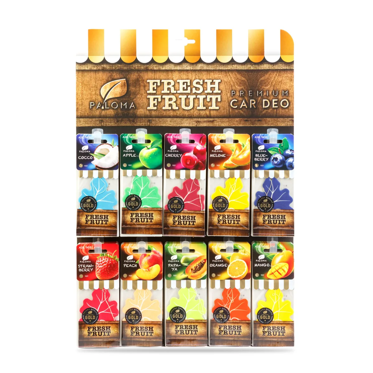 Set 90 Odorizante Auto Paloma Gold Fresh Fruit, Display cu Arome Fructate Mixte