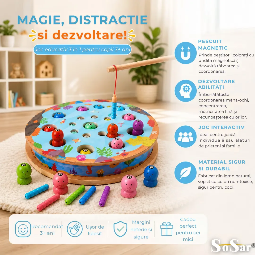 Joc Educativ din Lemn Sosar® 3 in 1 Pescuit Magnetic Sah si Sortare Culori Dezvolta Coordonarea Mana Ochi Abilitatile Cognitive si Motricitatea Fina - imagine 2