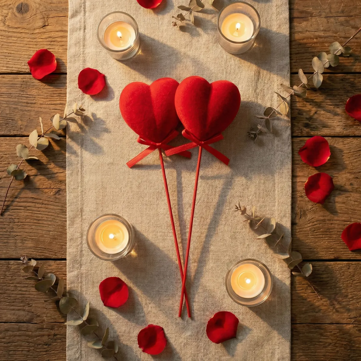 Decor inimioare plus pe bat 2 buc, Valentine rosu, pentru buchete si cadouri romantice