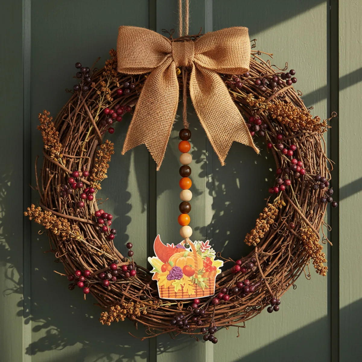 Decoratiune toamna, 29x9 cm, decor lemn suspendabil, stil rustic cu snur iuta