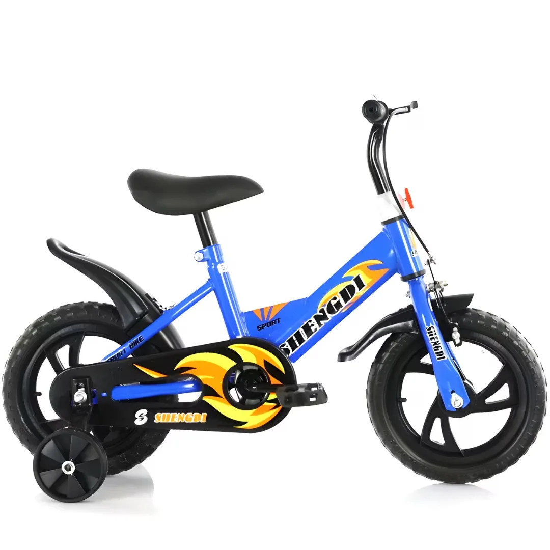 Bicicleta copii Macvi® 12 inch cu roti ajutatoare frana V-Brake, sezut reglabil, cadru din metal, albastru, 2-6 ani