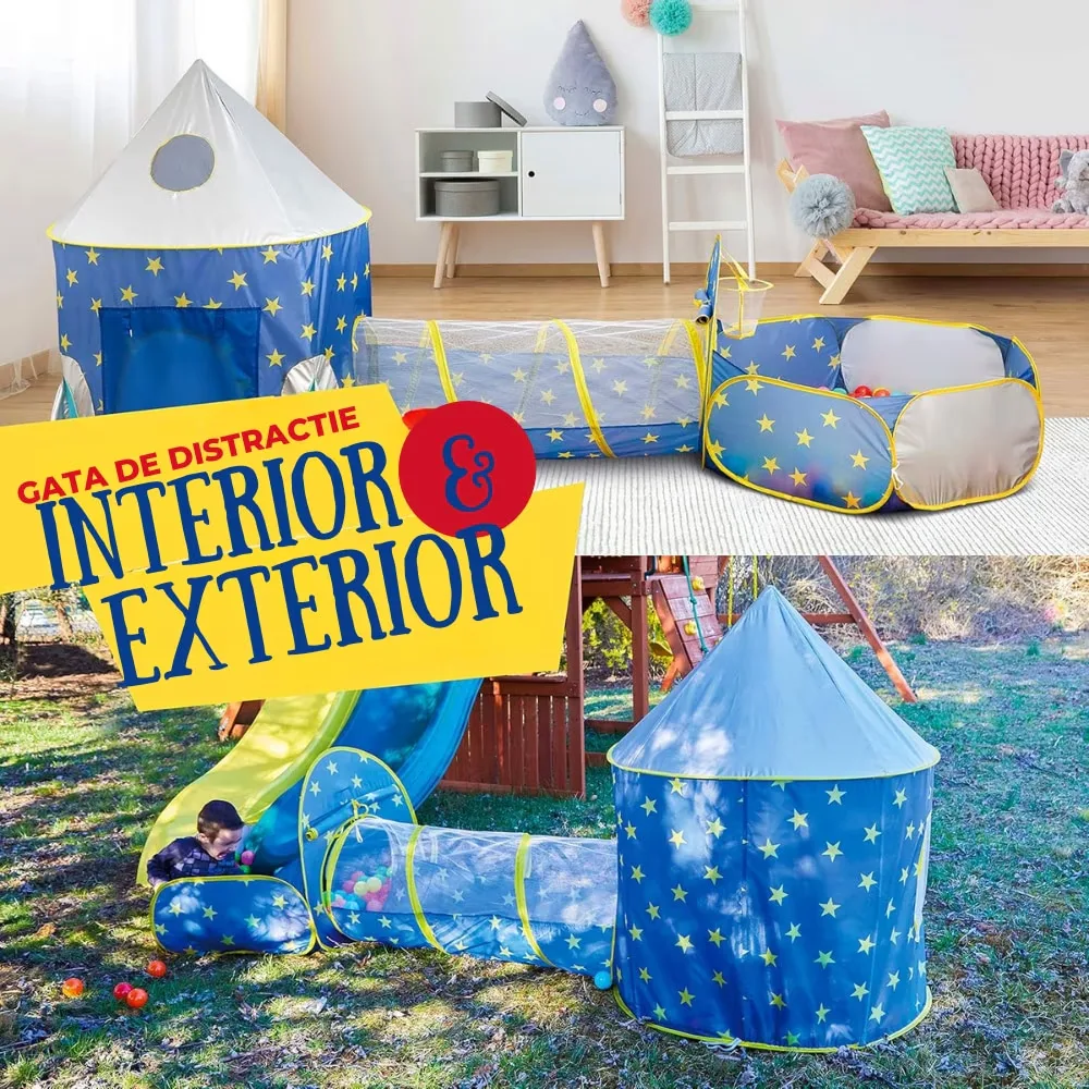 Cort Joaca 3 in 1 Macvi® cu Tunel si Castel Pliabil pentru Copii 3-7 Ani Interior Exterior Albastru Cosmic - imagine 4