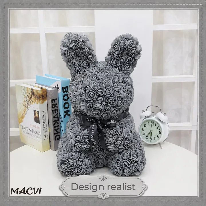 Iepuras Decorativ Macvi® din Trandafiri Spuma Gri 45 cm cu Fundita Cutie Cadou Inclusa Decor Elegant - imagine 5