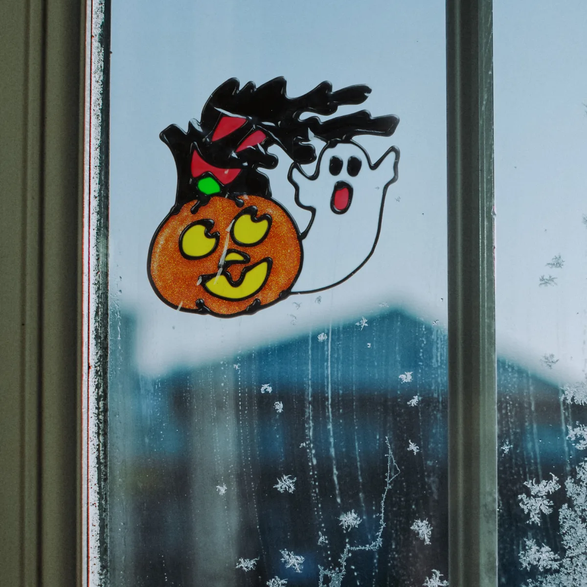 Autocolant Halloween dovleac si stafie, reutilizabil, 15x13 cm, decor fereastra fara adeziv