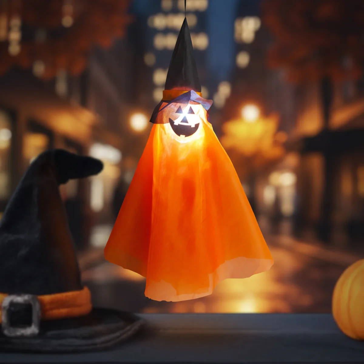 Decor Halloween iluminat, dovleac agatat, LED RGB, 70x50 cm, portocaliu