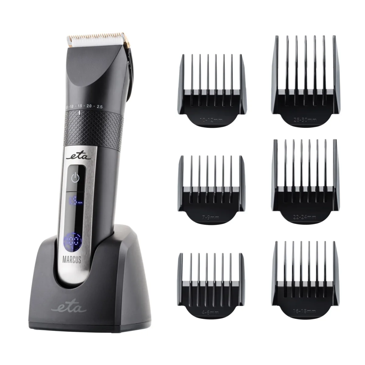Masina de tuns fara fir ETA Marcus 9341 90000, Baterie Li-Ion 3.7 V, 6 piepteni, afisaj LED, negru