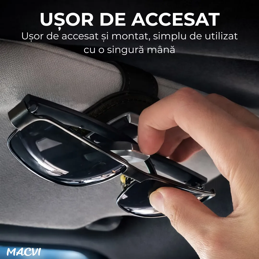 Suport ochelari auto Macvi®, prindere la parasolar, piele si aluminiu, 5x10 cm, negru - imagine 2