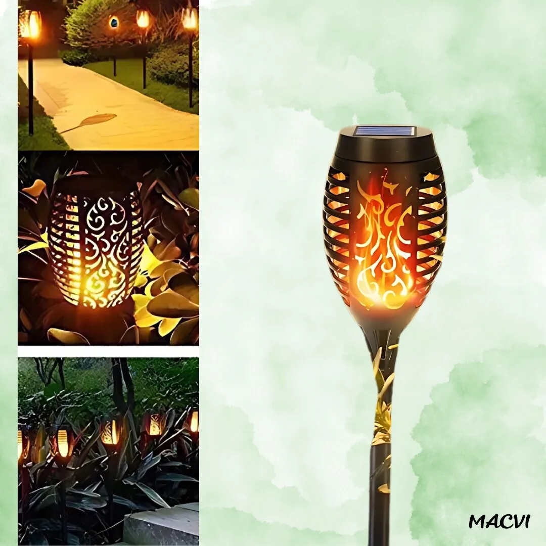 Lampa solara Macvi® 72 LED-uri cu efect flacara, baterie 1200mAh, senzor crepuscular, impermeabila, ideala pentru curte si gradina - imagine 4