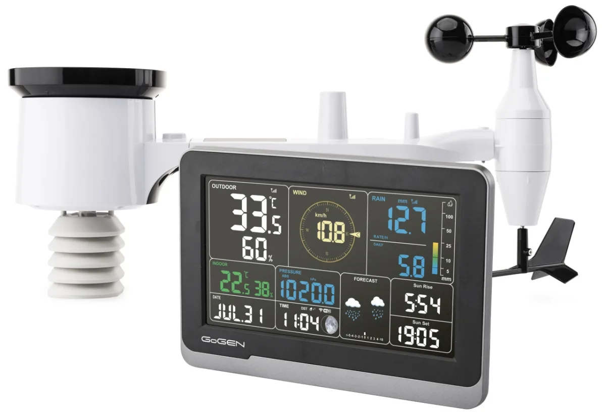 Statie meteo profesionala GoGEN ME 4900, LCD color, senzori de ploaie, temperatura, vant si umiditate, Aplicatie WSView Plus, negru