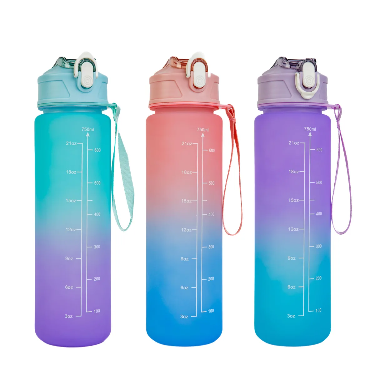 Bidon sport 750 ml, plastic opac degradé, capac etans, cu curea, multicolor - imagine 2