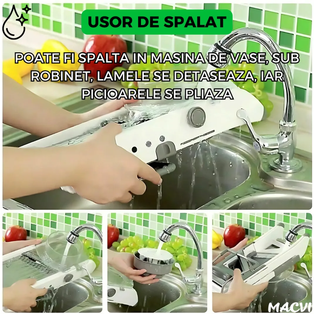 Razatoare Multifunctionala Macvi® pentru legume si fructe, 18 taieturi diferite, lame inox, reglabila 1-7 mm, ergonomica, gri - imagine 4
