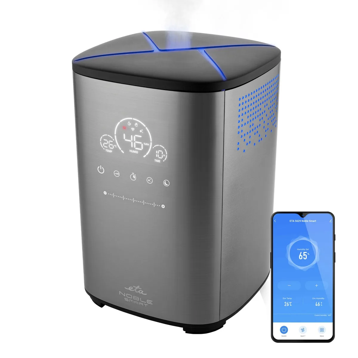 Umidificator de aer inteligent ETA Noble Smart 5629 90000, 4 litri, 110 W, ionizare, control Wi-Fi, tehnologie cu ultrasunete, gri