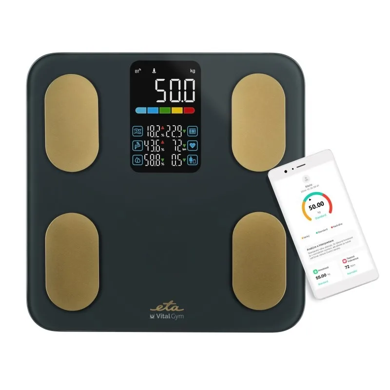 Cantar corporal SMART ETA Vital Gym 7779 90000, 200 Kg, Bluetooth 5.4, analiza corporala 25 parametri, aplicatie ETA Body Balance, negru