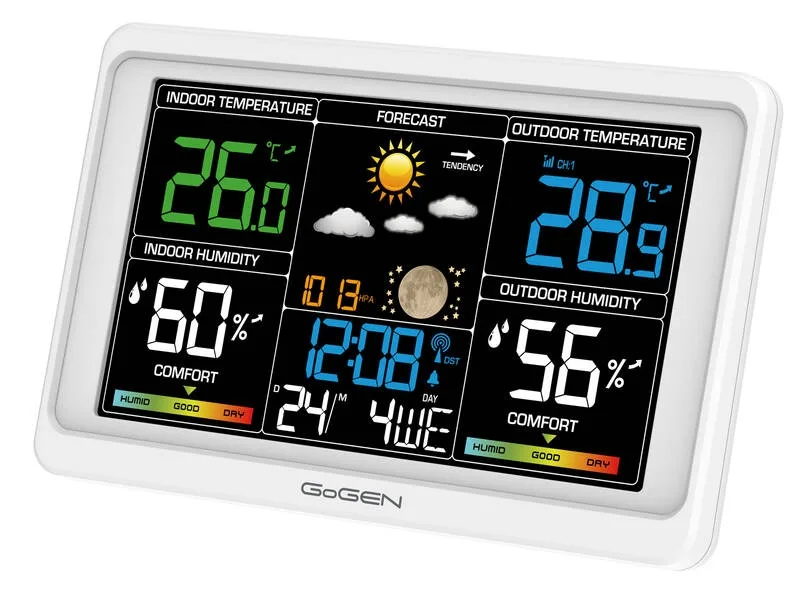 Statie meteo interior-exterior GoGEN ME 3350, senzor extern fara fir, LCD color, alb
