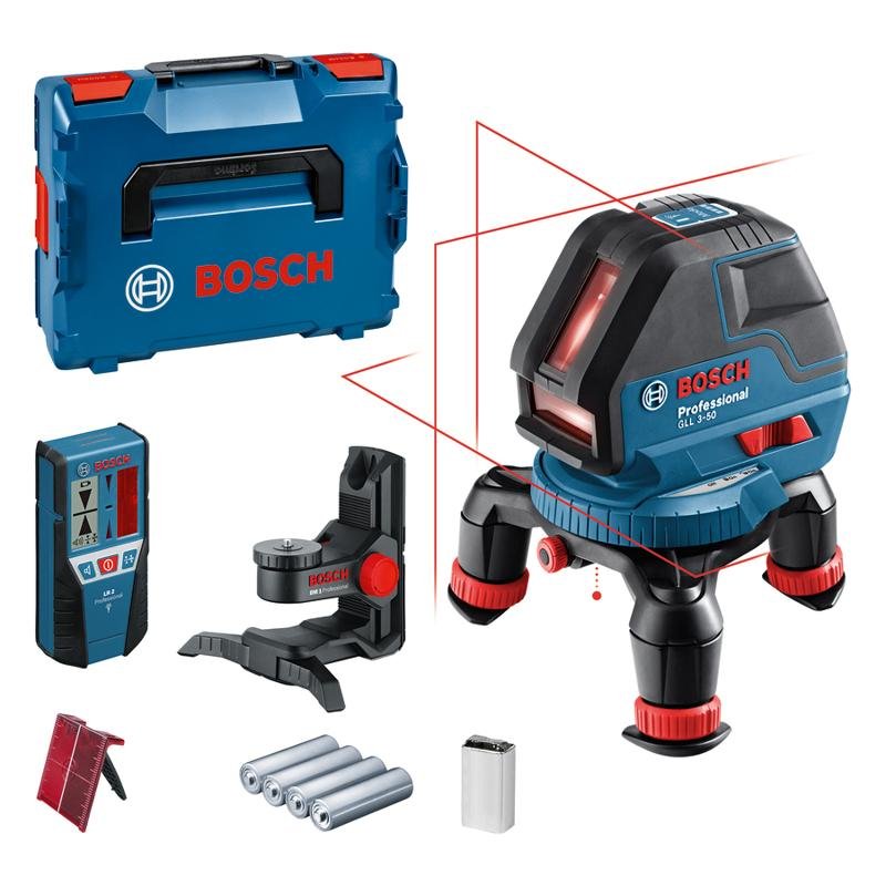 Nivela laser cu linii Bosch, 10m, receptor 50m, precizie 0.3 mm/m GLL 3-50+BM1+LR2 1 baterie 9V (6LR61) + L-Boxx - imagine 2