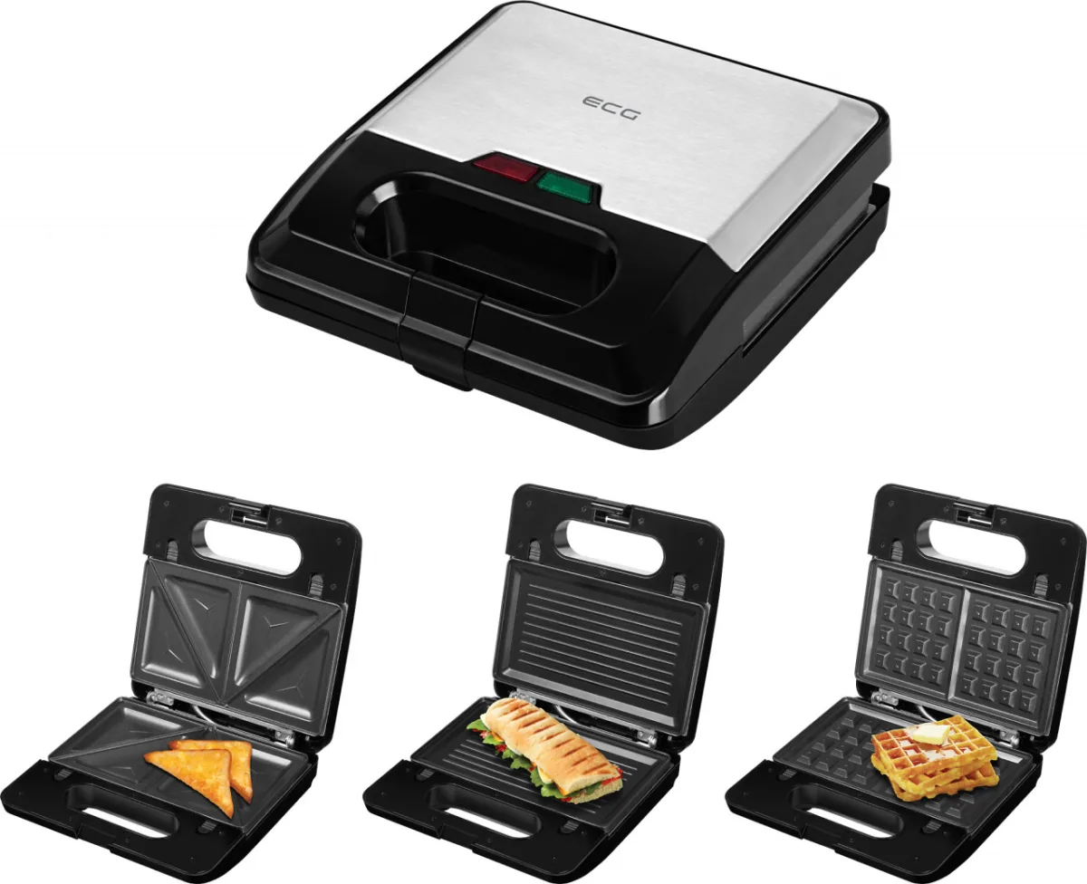 Sandwich-maker ECG S3173 3in1 Triangle, 750W, 3 tipuri de placi detasabile, negru-otel inoxidabil - imagine 2