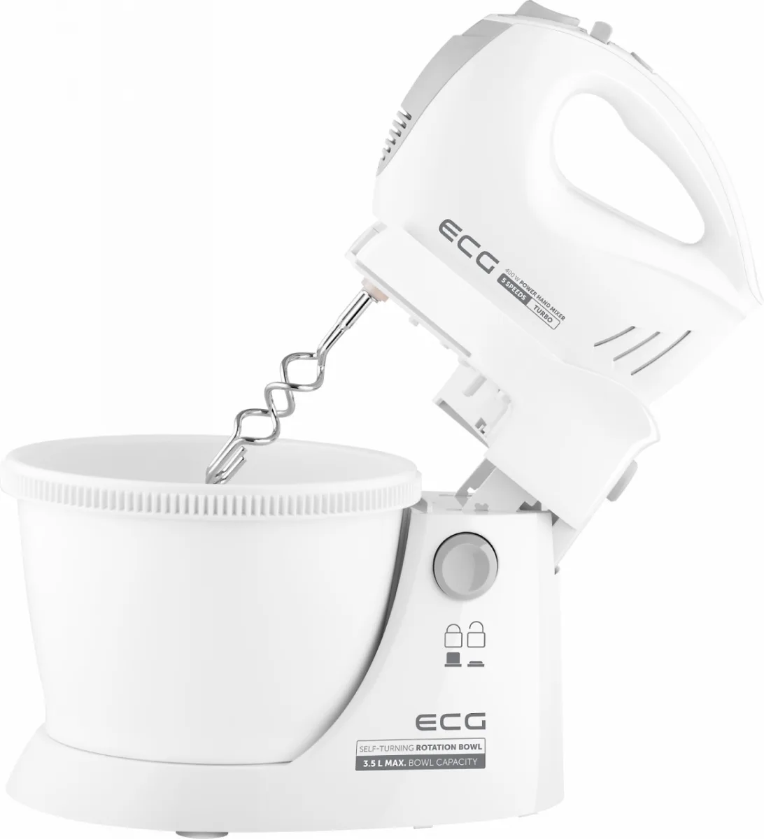 Mixer de mana cu bol rotativ ECG RSM 4052, 400 W, 3.5 L, 5 viteze, functie Turbo, alb - imagine 8