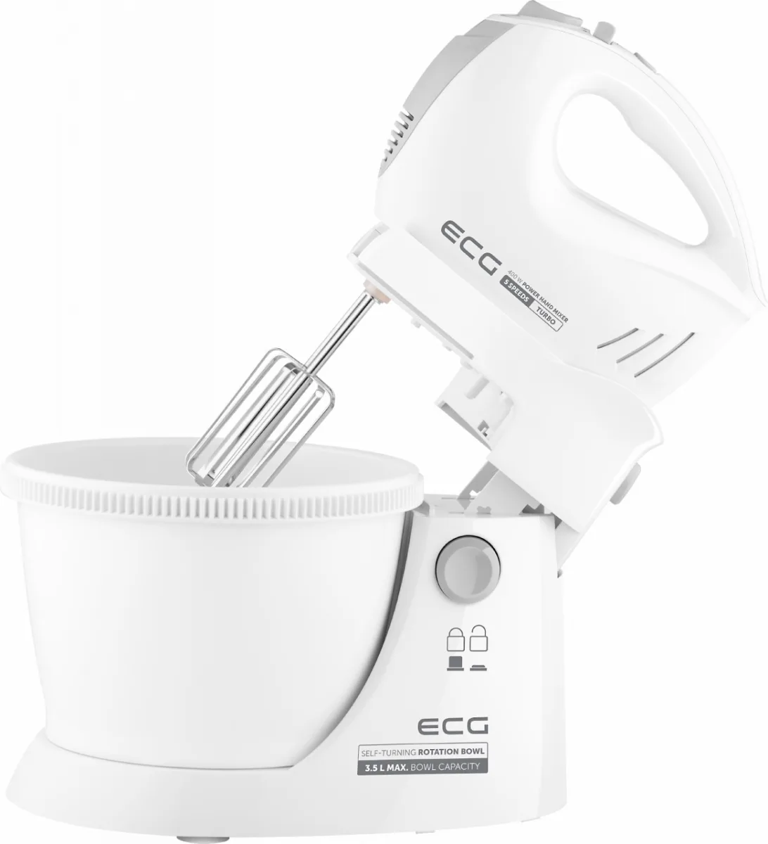 Mixer de mana cu bol rotativ ECG RSM 4052, 400 W, 3.5 L, 5 viteze, functie Turbo, alb - imagine 9
