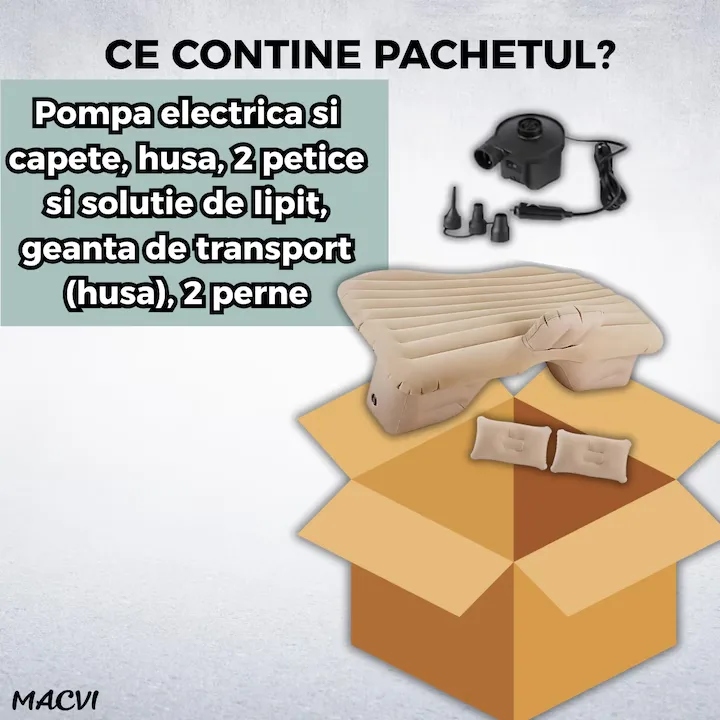 Saltea Gonflabila Auto Macvi® cu Perne si Suport de Echilibru, Ideala pentru Bancheta din Spate, Camping, Calatorii si Relaxare, Bej - imagine 3