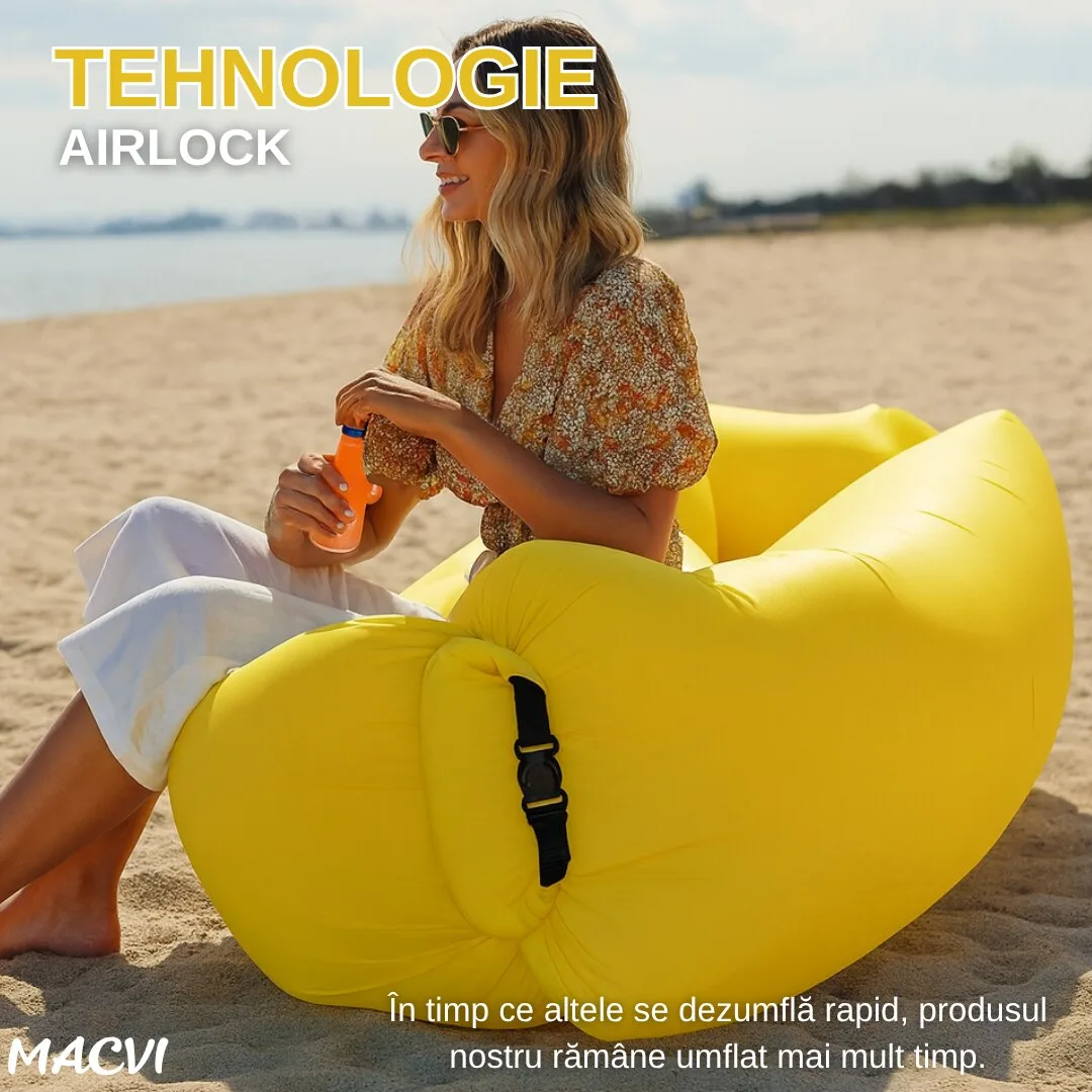 Saltea gonflabila tip sezlong Lazybag Macvi®, material rezistent, umflare fara pompa, pentru plaja/picnic/camping, rucsac de depozitare, 190 x 70 cm, Galben - imagine 3