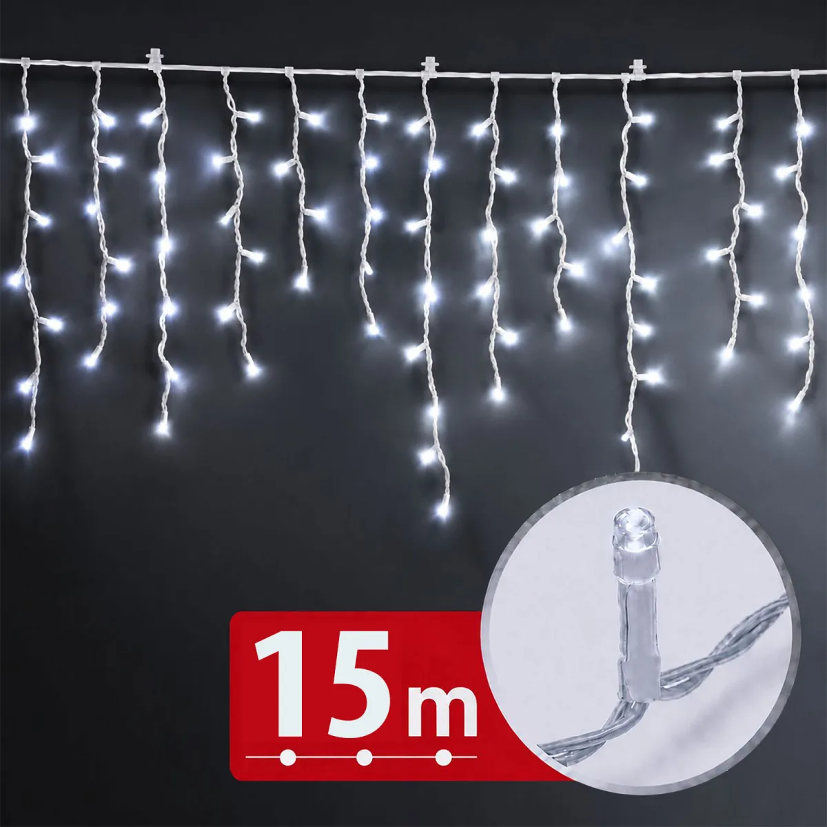 Instalatie de Craciun tip perdea 15 m, 600 LED alb rece, 8 jocuri lumini, timer, IP44