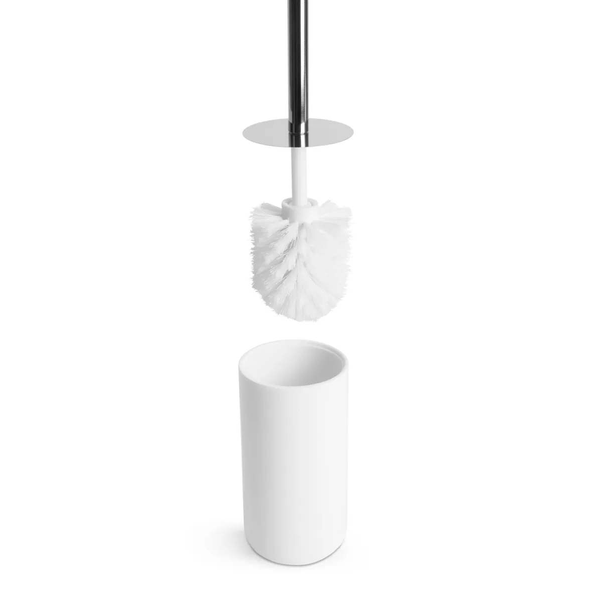 Perie WC cu suport, set perie toaleta rasina alb mat si argintiu, accesoriu baie elegant