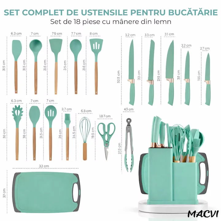 Set ustensile Macvi® bucatarie silicon premium 19 piese cu suport organizare cutite tocator linguri spatule fara BPA rezistente la temperaturi ridicate verde menta - imagine 3