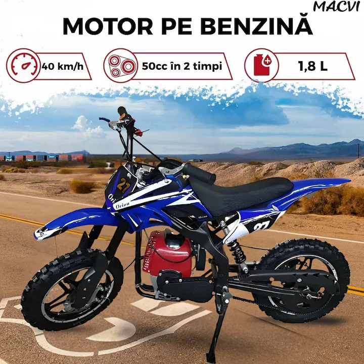 Motocicleta cross Macvi® pentru copii 49cc cu roti groase pornire usoara si motor pe benzina ideala pentru off road, Albastru - imagine 2
