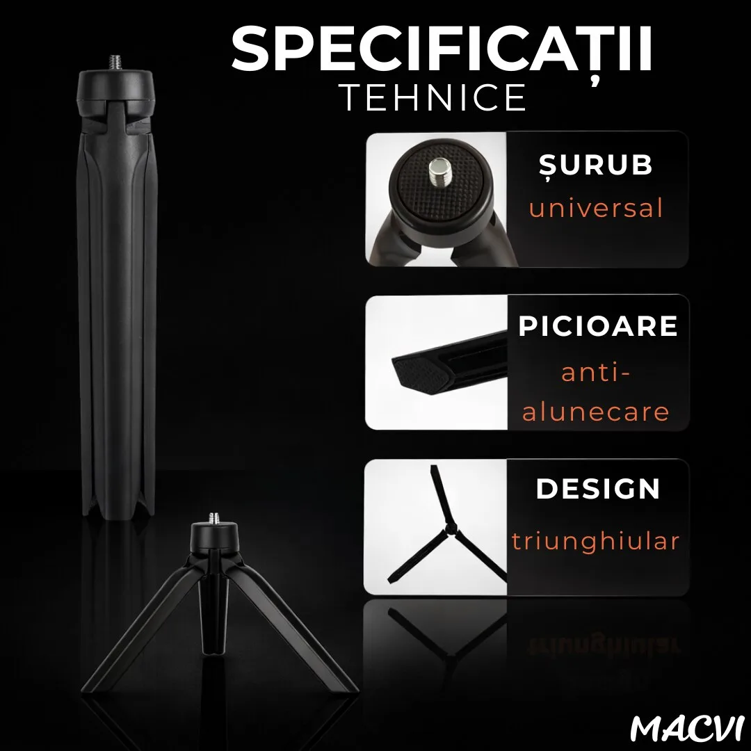 Mini Trepied pentru Telefon, Aparate Foto si Video Macvi® cu Lampi Circulare, Portabil, Pliabil, Ergonomic, Negru - imagine 3