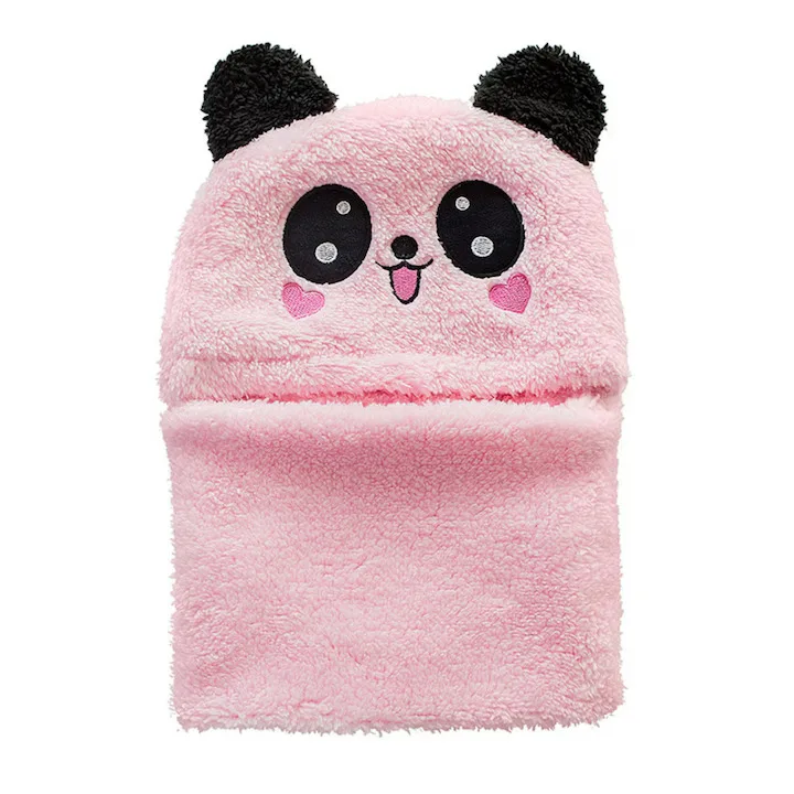 Caciula pentru copii tip cagula Macvi® 2 in 1, tematica lumea animalelor, model ursulet panda zambitor, 1-5 ani, roz