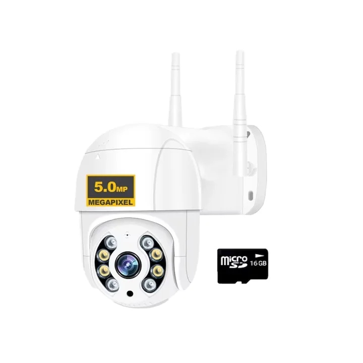 Camera Supraveghere WiFi Macvi® 50HS Pro+ 5MP 4K PTZ Zoom 4X Auto Tracking Night Vision Card 16GB Alb