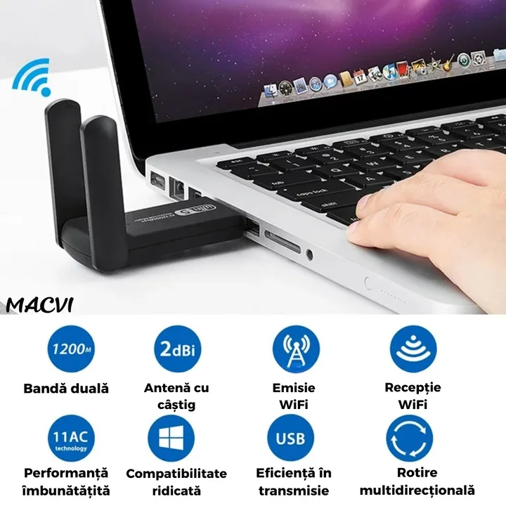 Adaptor wireless Macvi® usb 3.0 dual band 2.4 si 5 ghz 1200 mbps cu antene externe compatibil windows linux mac - imagine 2