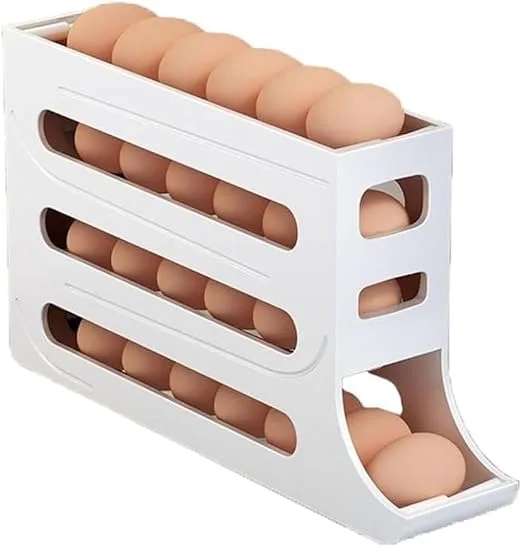 Suport organizator pentru oua Macvi®, 4 niveluri, rulare automata, 30 oua, 36x7x20 cm, alb, economisire inteligenta de spatiu in frigider