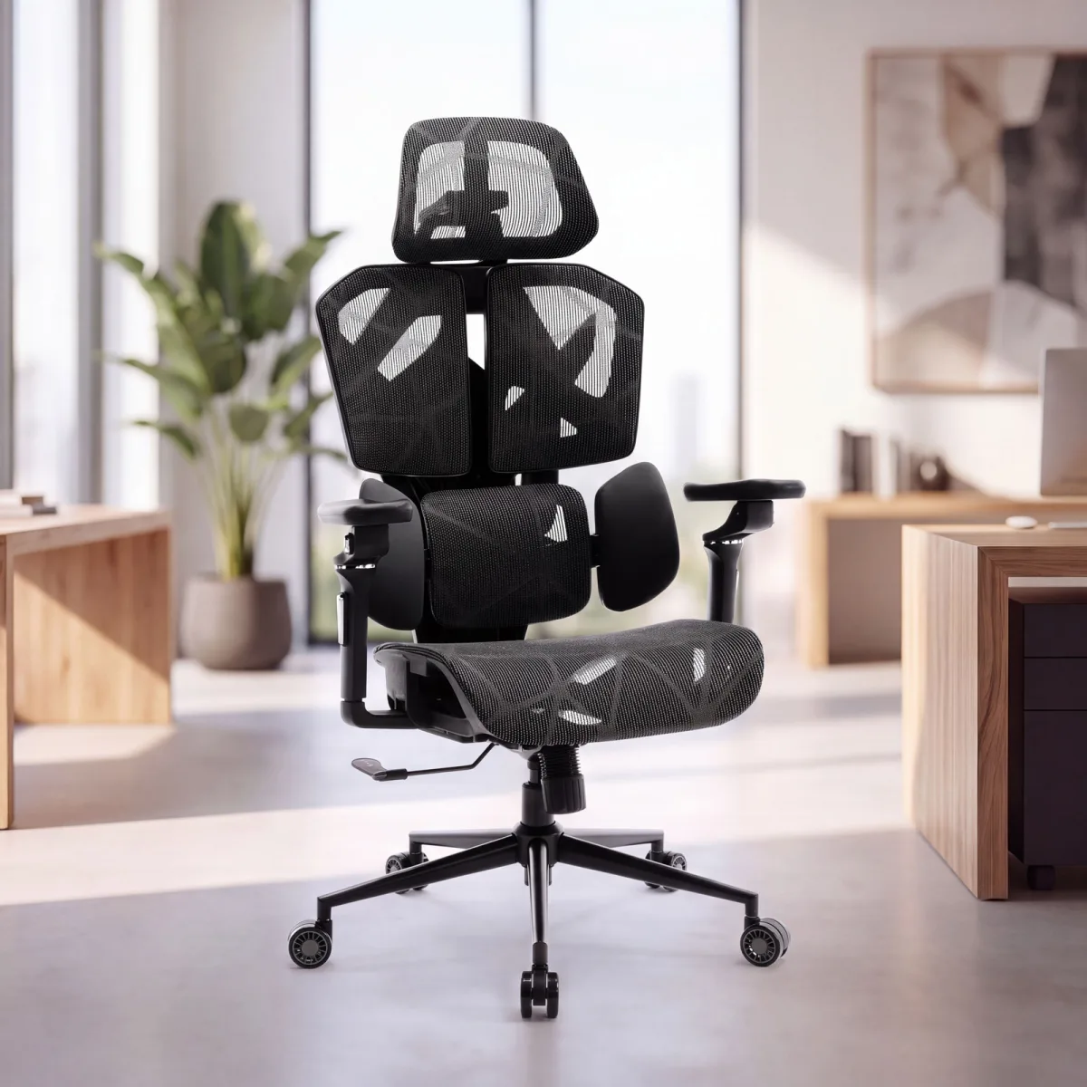 Scaun birou ergonomic TitanMesh Pro, spatar mesh, cotiere 5D, perne laterale, negru, 110 kg