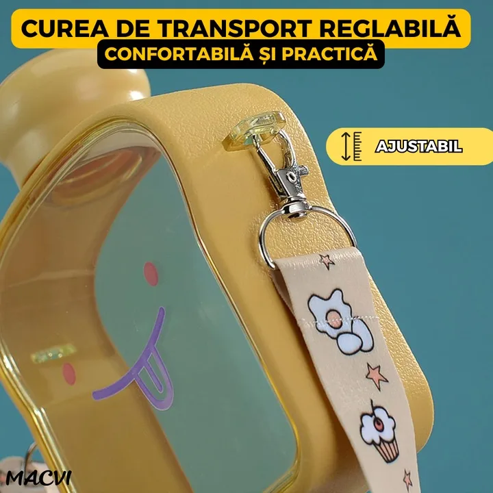 Sticla de Apa pentru Copii Macvi® Forma Toast, 380 ml, Fara BPA, Anti-Scurgere, Capac Etans, Curea Reglabila de Transport, Usor de Curatat, Galben - imagine 5